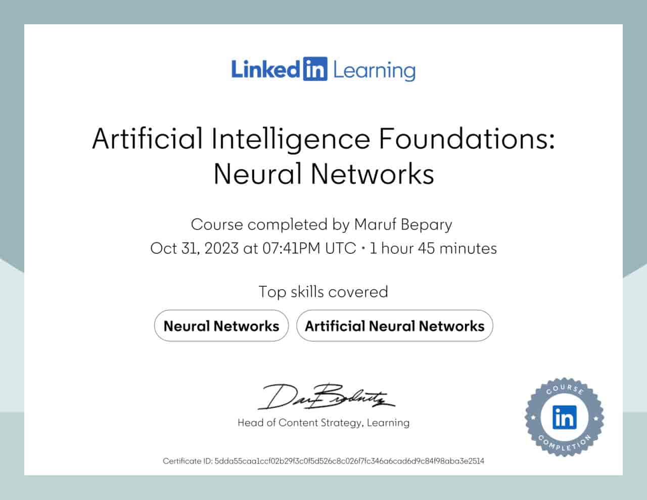 Artificial Intelligence Foundations: Neural Networks certificate image