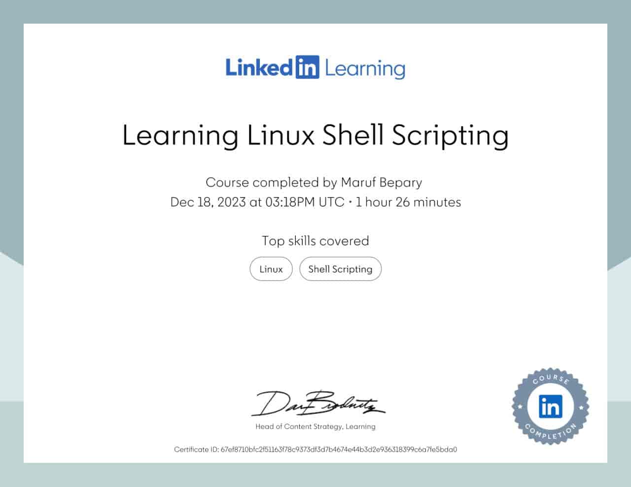 Learning Linux Shell Scripting certificate image