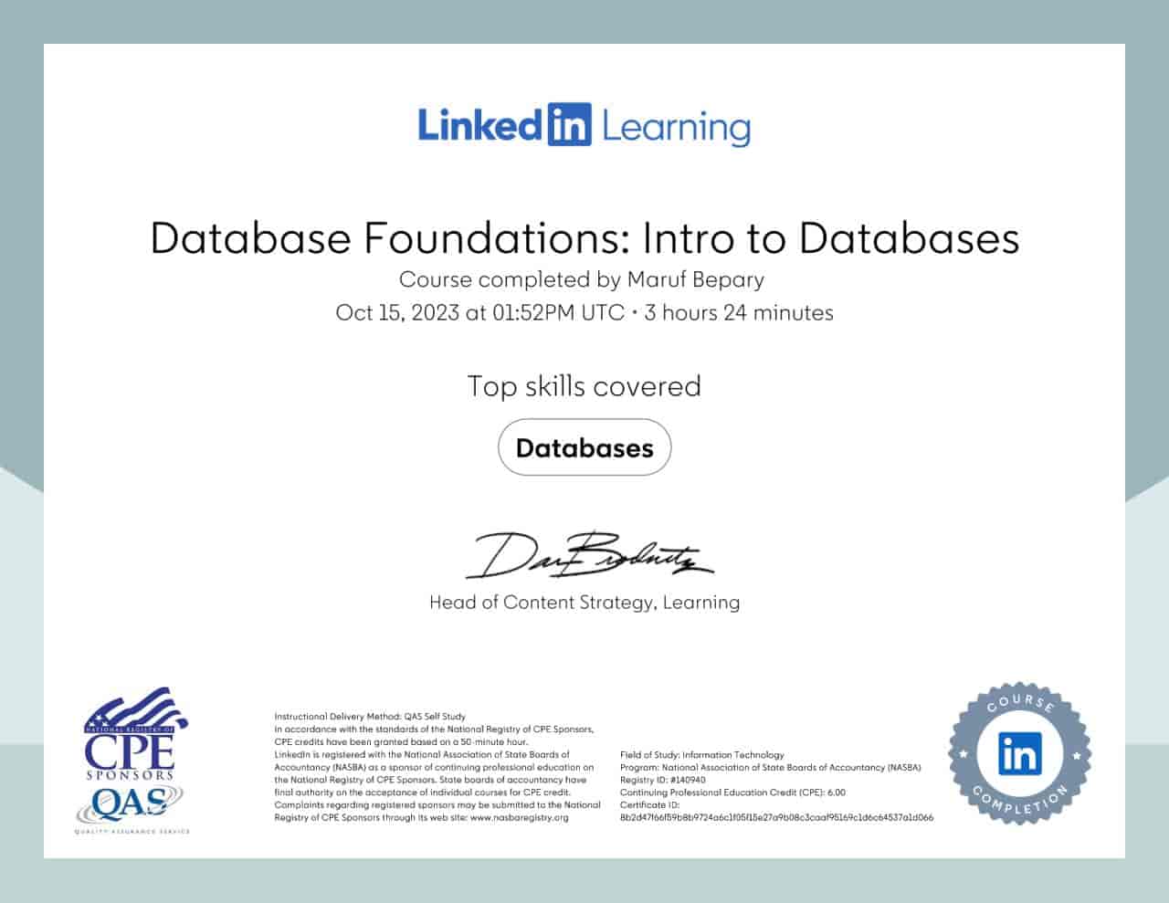 Database Foundations: Intro to Databases certificate image