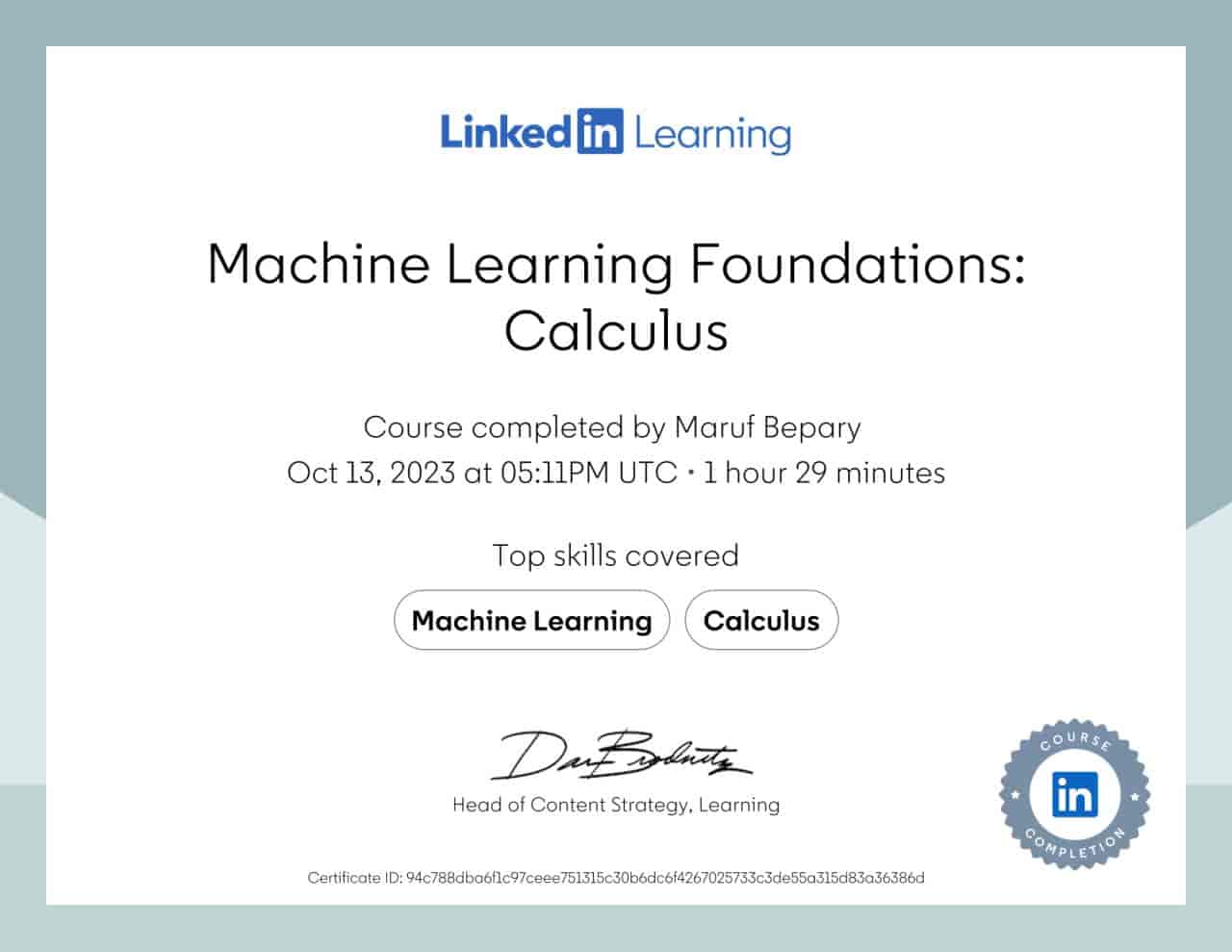 Machine Learning Foundations: Calculus certificate image