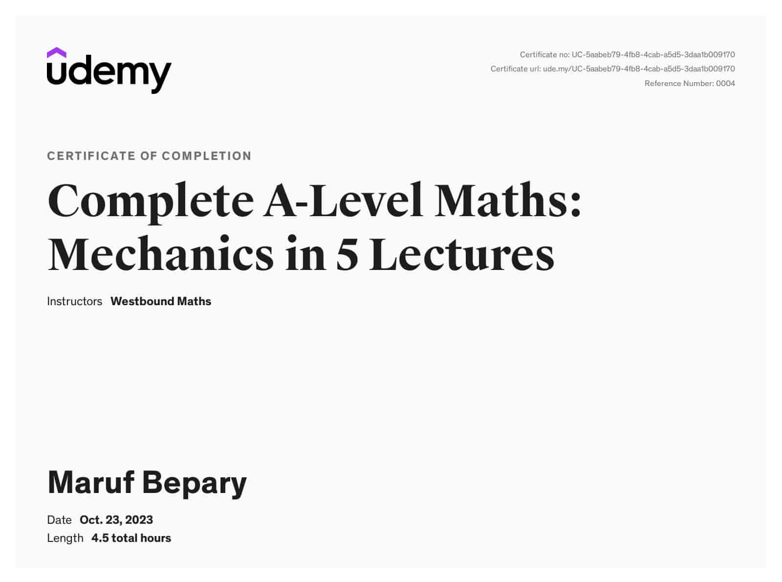 Complete A-Level Maths: Mechanics in 5 Lectures certificate image