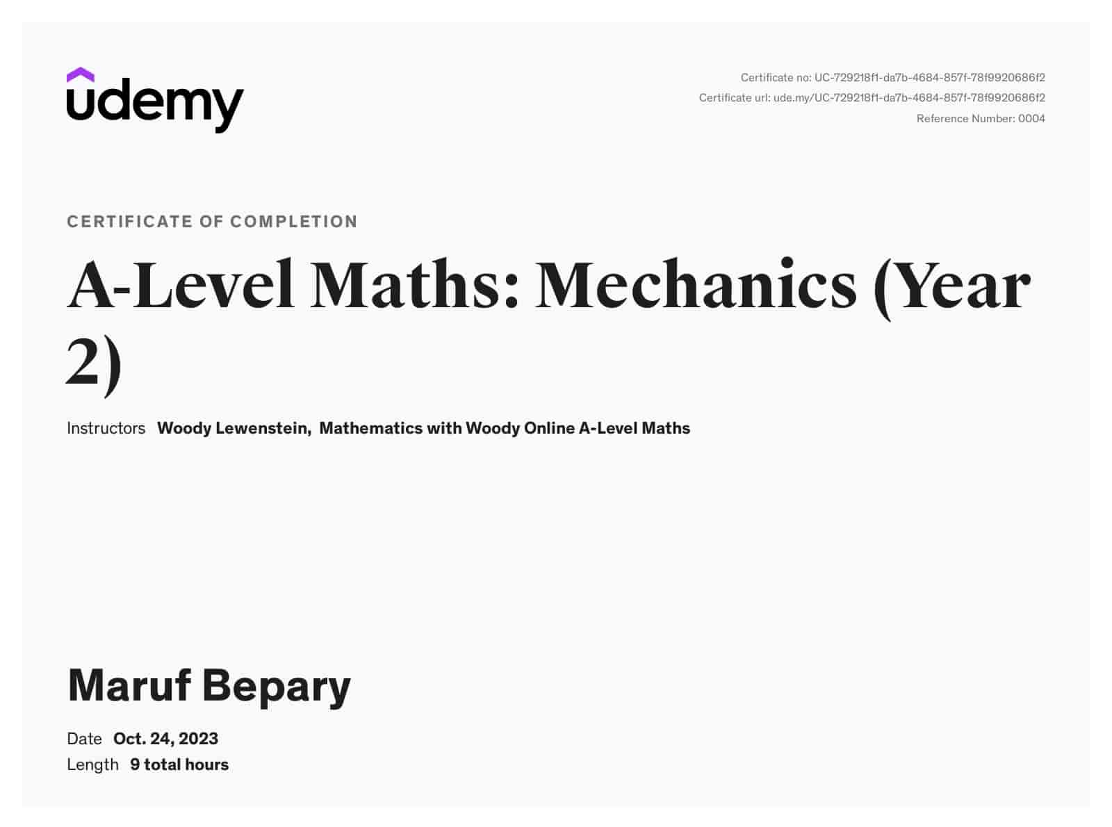 A-Level Maths: Mechanics (Year 2) certificate image