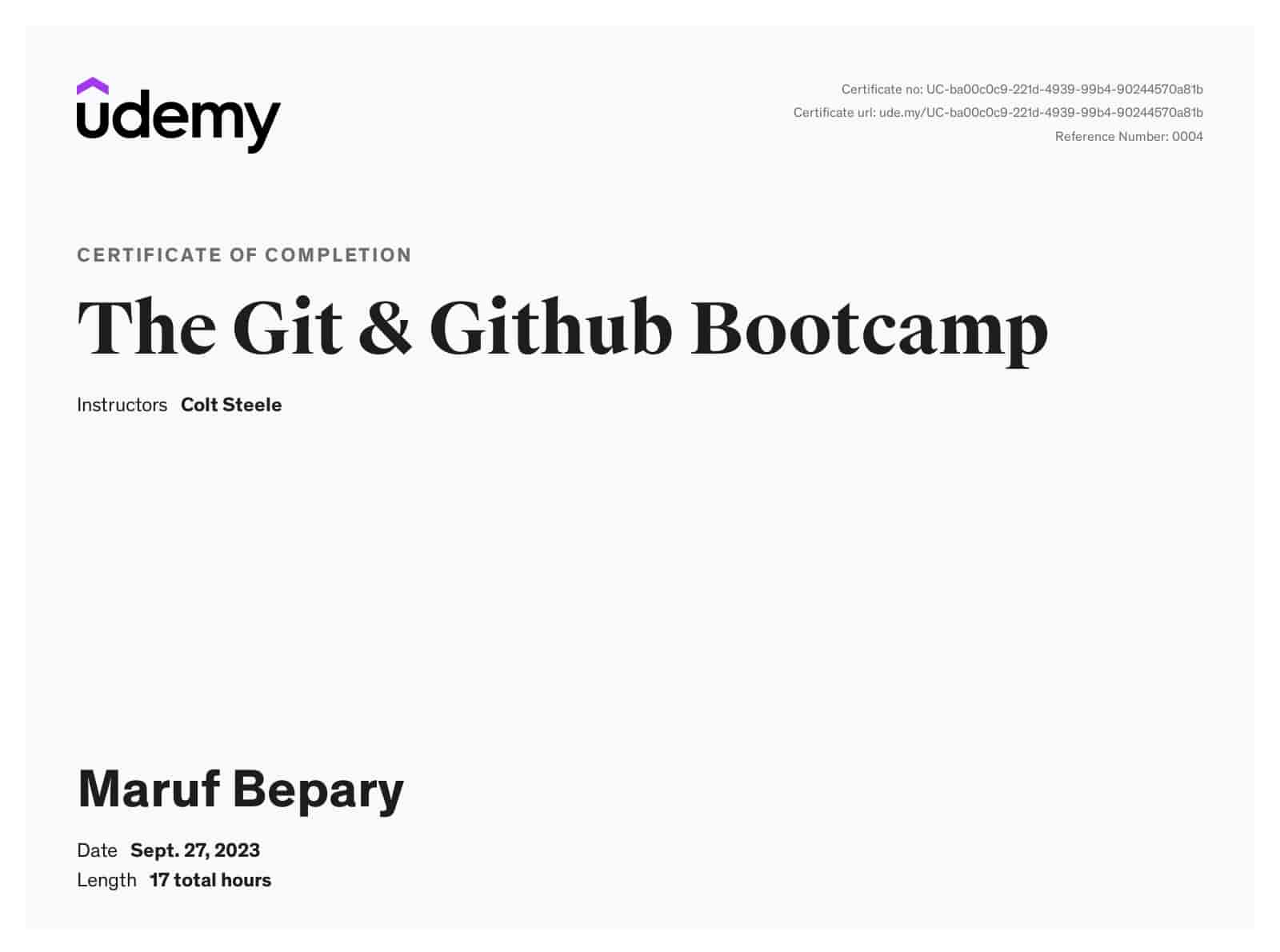 The Git & Github Bootcamp certificate image