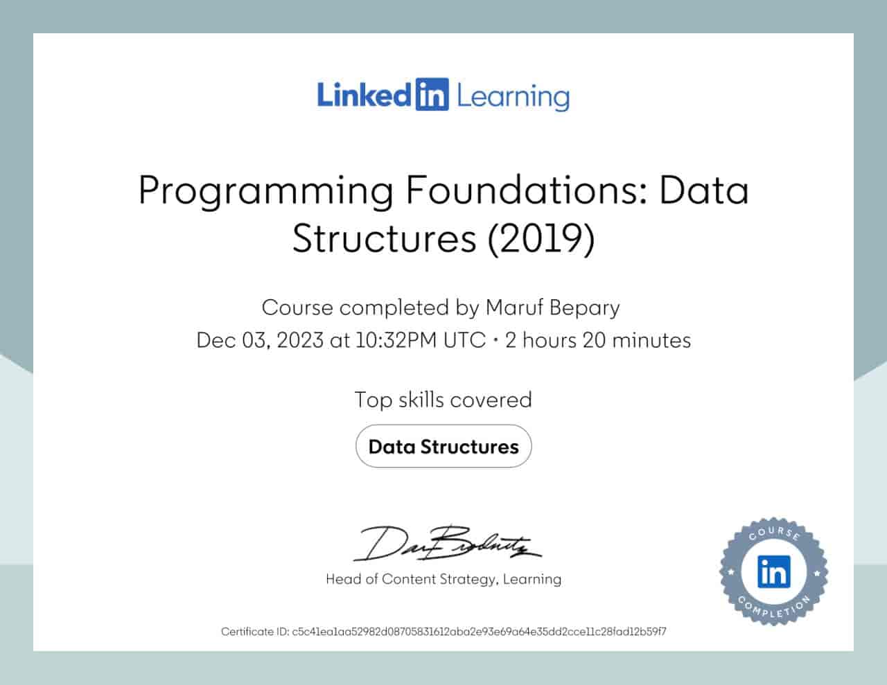 Programming Foundations: Data Structures certificate image