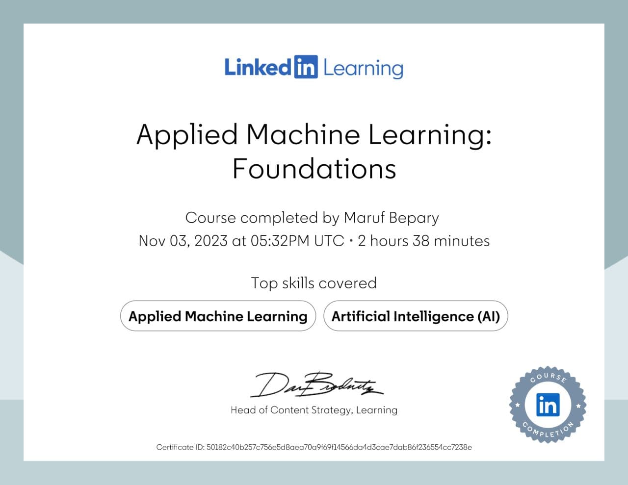 Applied Machine Learning: Foundations certificate image