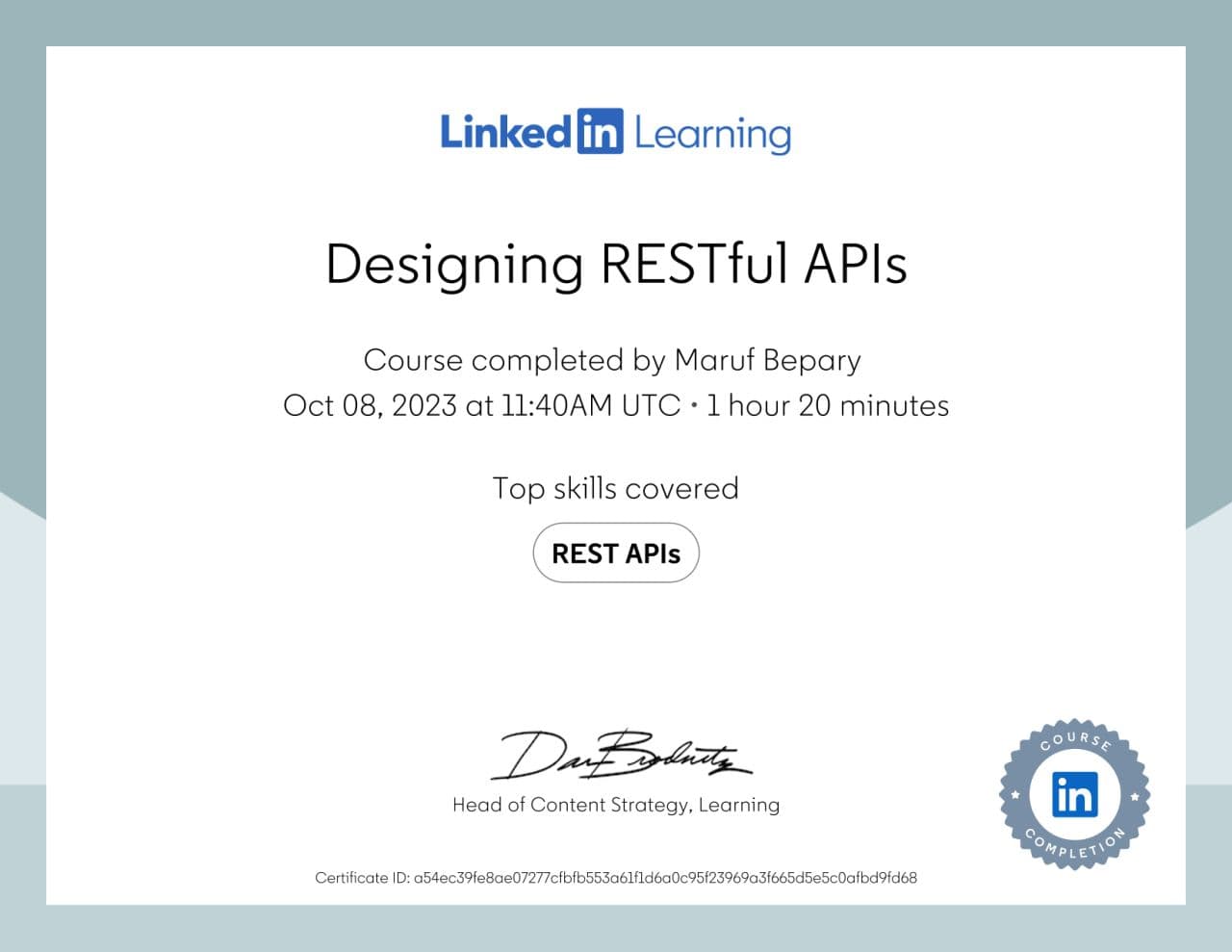 Designing RESTful APIs certificate image