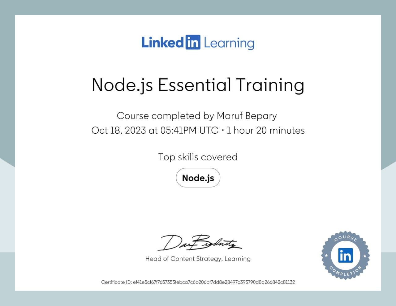 Node.js Essential Training certificate image